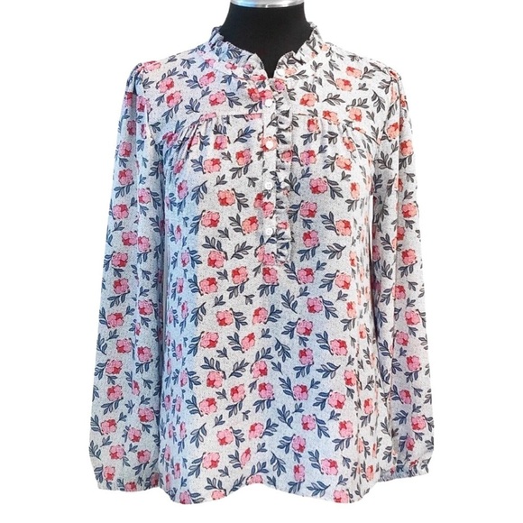 LOFT • Women’s Floral Ruffle Henley Mixed Media Top Blouse - Picture 1 of 5